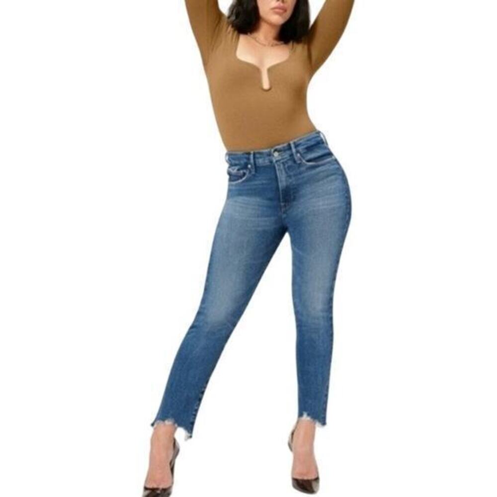 Good American Good Legs Crop Skinny Jeans in Blue842 Frayed Hem size 6/28
